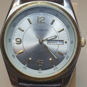 Armitron Silver/Goldtone Leather Men's Watch w/Day-Date